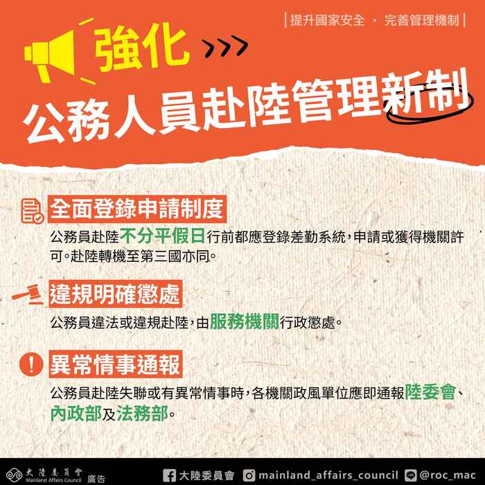 大陸委員會「強化公務員赴陸港澳管理機制」精進措施及宣導圖卡圖片